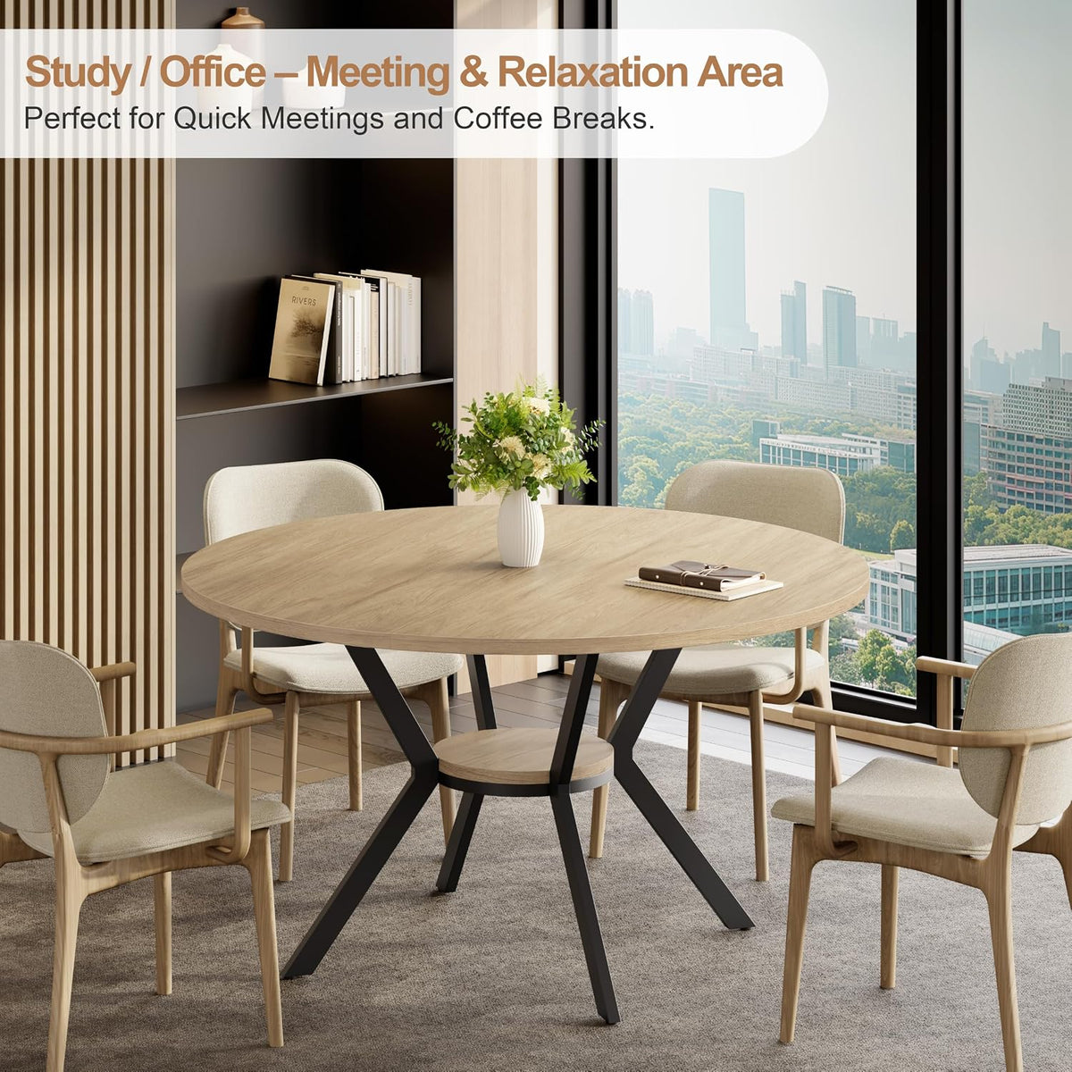 MECHYIN 42'' Round Dining Table for 2–4, Farmhouse Round Kitchen Table with Storage Shelf, Pedestal Dinner Table, Wood Top & Metal Base, Small Space Table for Apartment, Dining Room, Light Oak