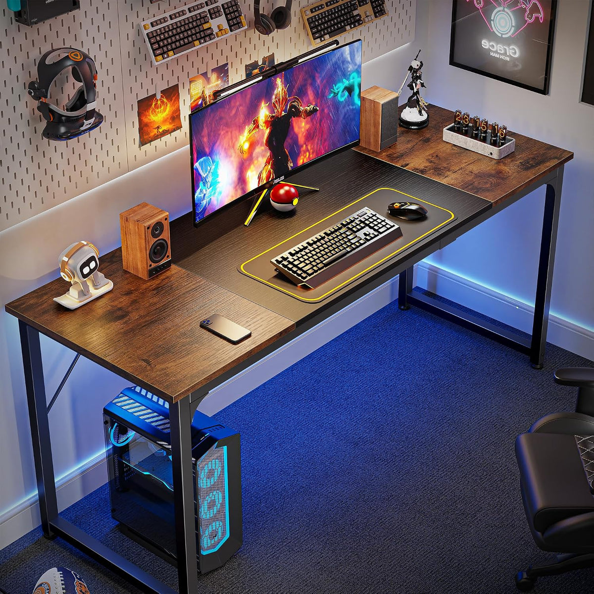 Huuger Computer Desk, 63 Inch Office Desk, Gaming Desk with Storage, Writing Desk Work Desk for Home Office, Study, Modern Simple Desk, Large Legroom, Metal Frame, Rustic Brown and Black
