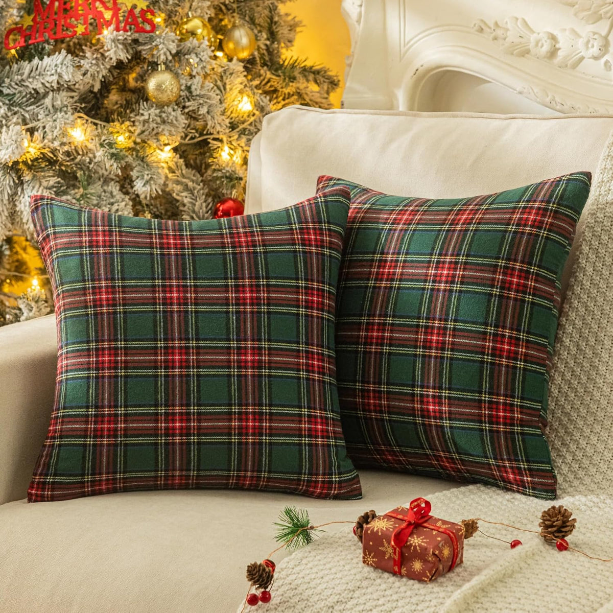 AQOTHES Christmas Plaid Decorative Throw Pillow Covers Red 18x18 Inches