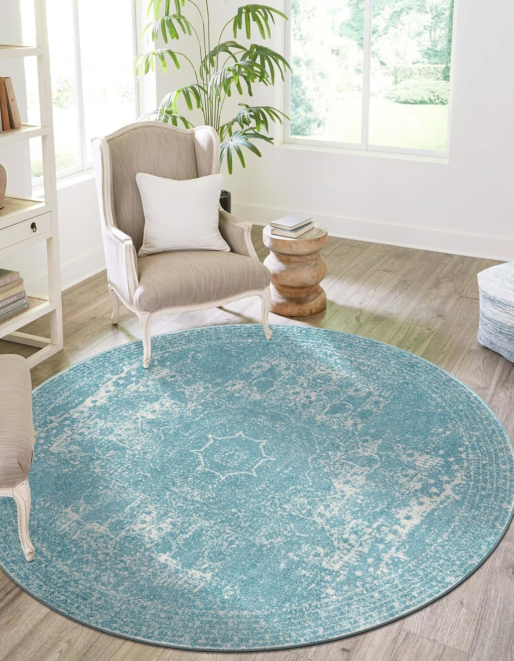 Unique Loom Bromley Collection Area Rug - Wells (3' 1" Round Aqua/Ivory)