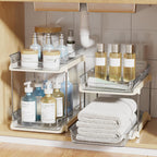 Delamu 2-Tier Multi-Purpose Bathroom Under Sink Organizers and Storage, Stackable Kitchen Pantry Organization, Pull Out Medicine Cabinet Organizer with Movable Dividers, Beige, 2 Pack