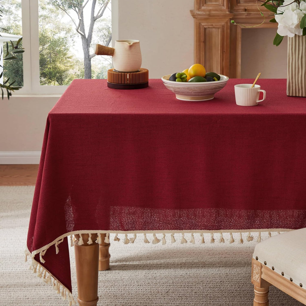Tassel Linen Rectangular Table Cloth, Burgundy 60x120 Inch