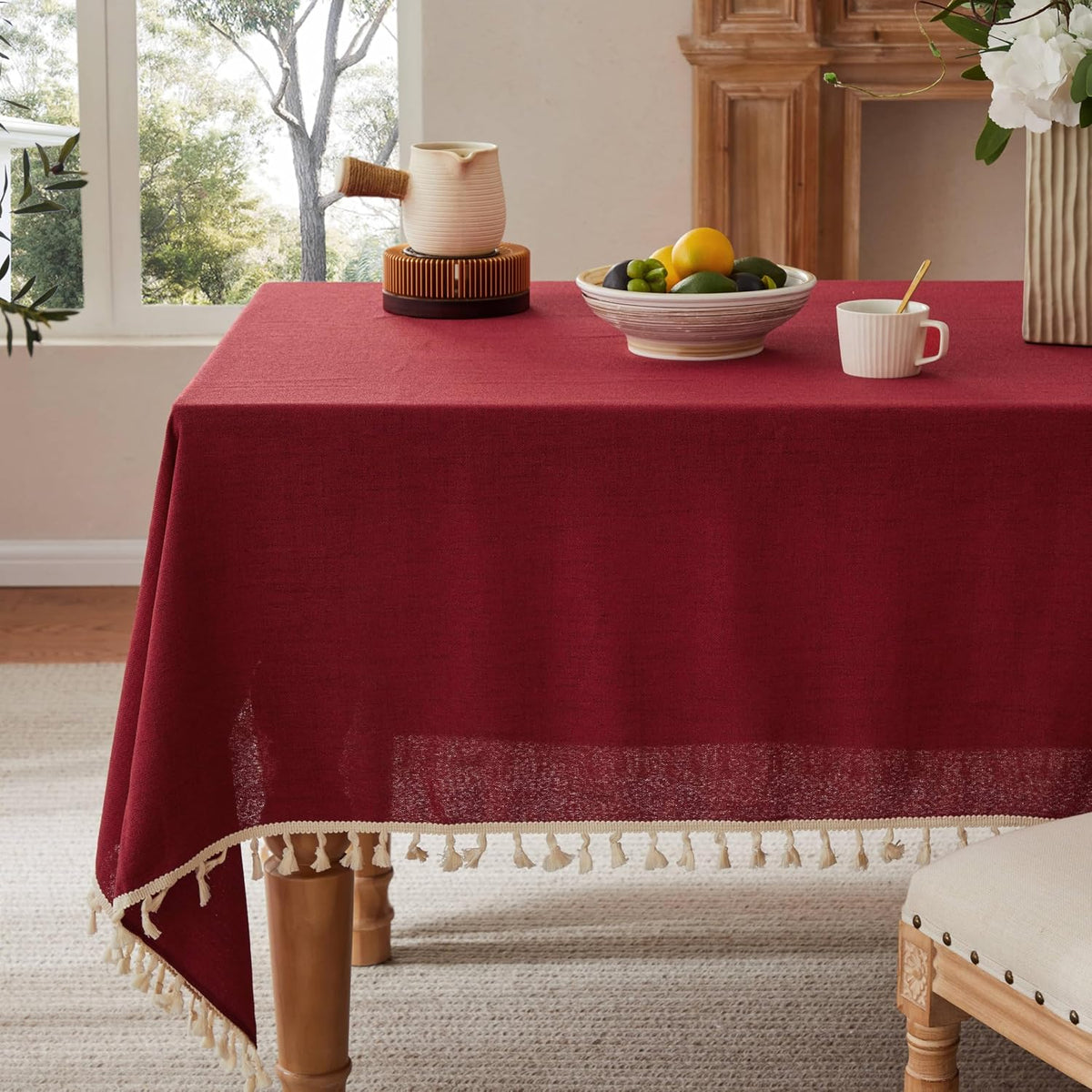 Tassel Linen Rectangular Table Cloth, Burgundy 60x120 Inch