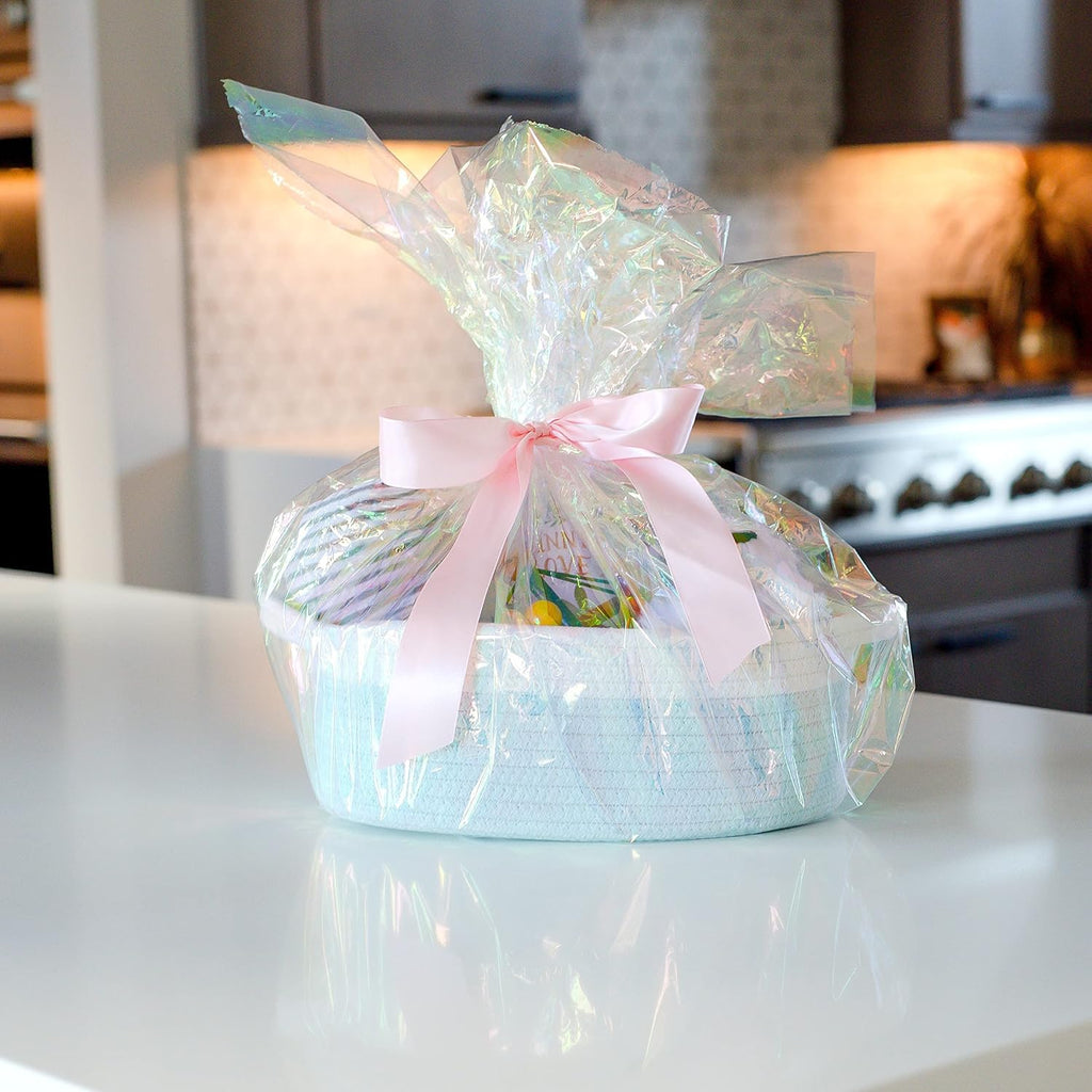3-Piece Oval Storage Basket Set–Cotton Rope Woven Baskets for Storage, Gift Basket Empty, Toy Basket, Soft Baby Basket for Nursery, Cat Dog Toy Baskets, Small Basket (Off White Turquoise)
