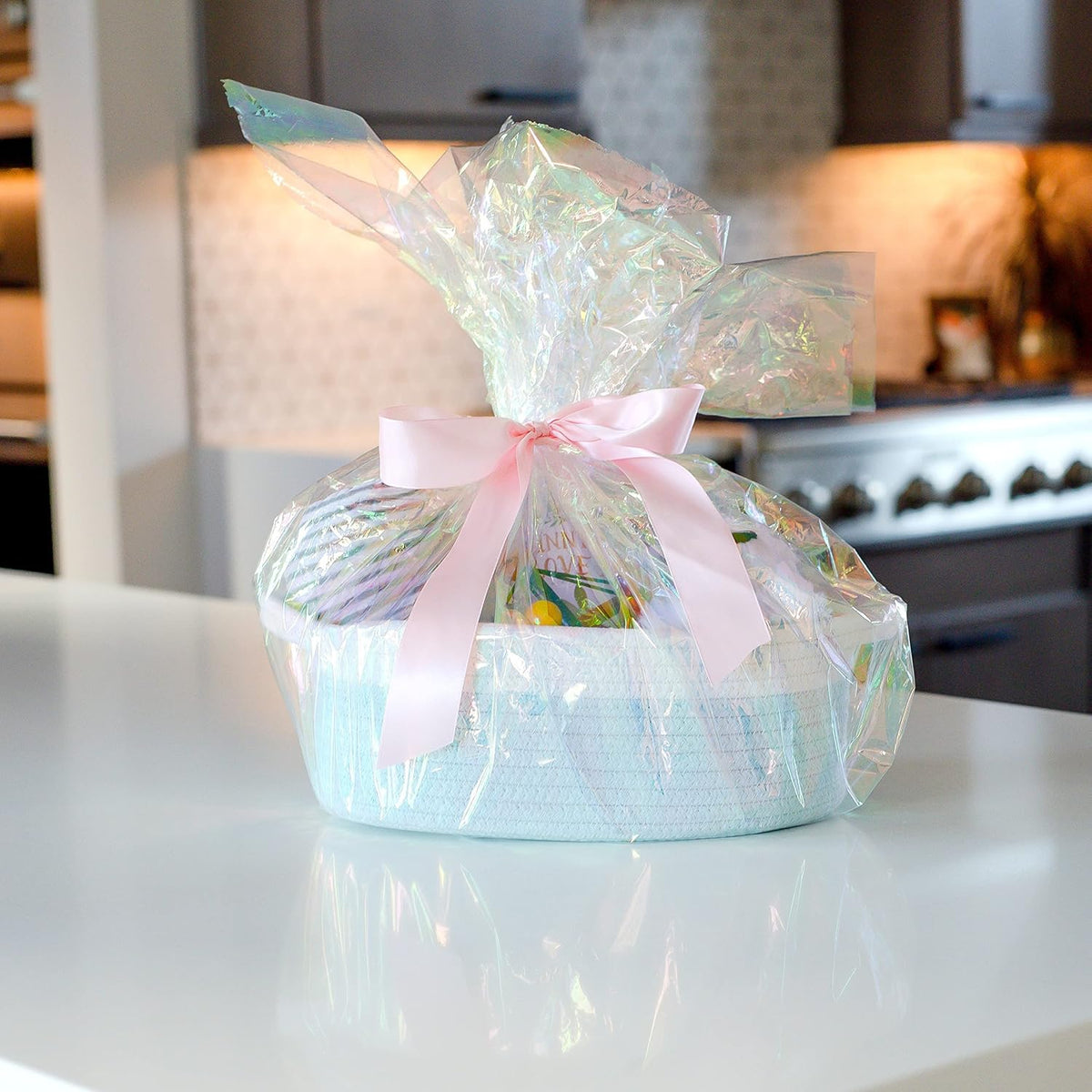 3-Piece Oval Storage Basket Set–Cotton Rope Woven Baskets for Storage, Gift Basket Empty, Toy Basket, Soft Baby Basket for Nursery, Cat Dog Toy Baskets, Small Basket (Off White Turquoise)