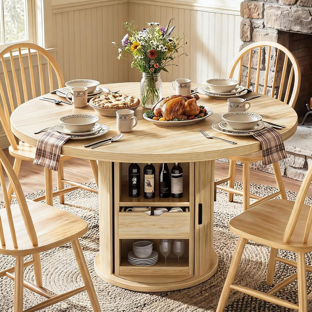 GarveeHome 47" Round Dining Table for 4-6, Farmhouse Kitchen Table, Natural
