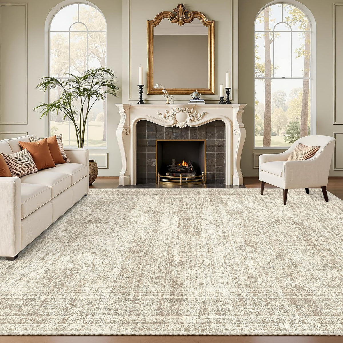 Soalmost Washable Area Rug 8x10 Large Soft Beige Rugs for Living Room