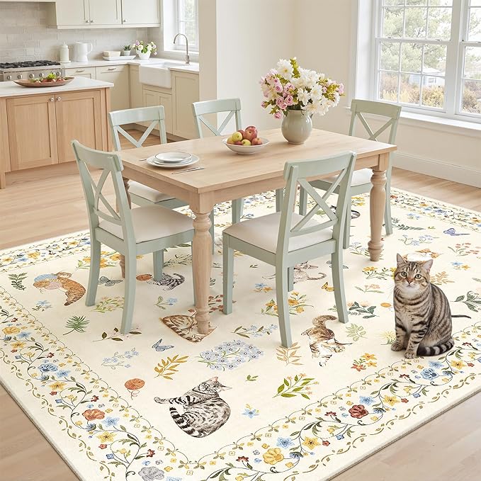 Cat 5x7 Area Rugs for Living Room, Machine Washable Animal Floral Vintage Rug - Image 4