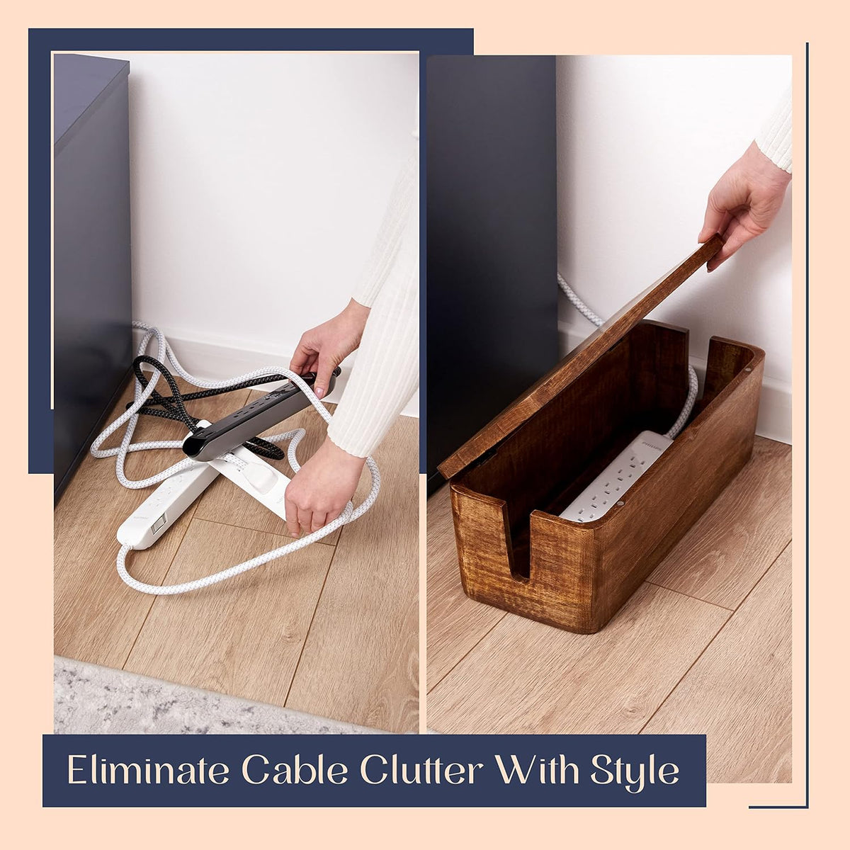 Large Cable Management Box, Wood Wire Organizer & Power Strip Cord Hider