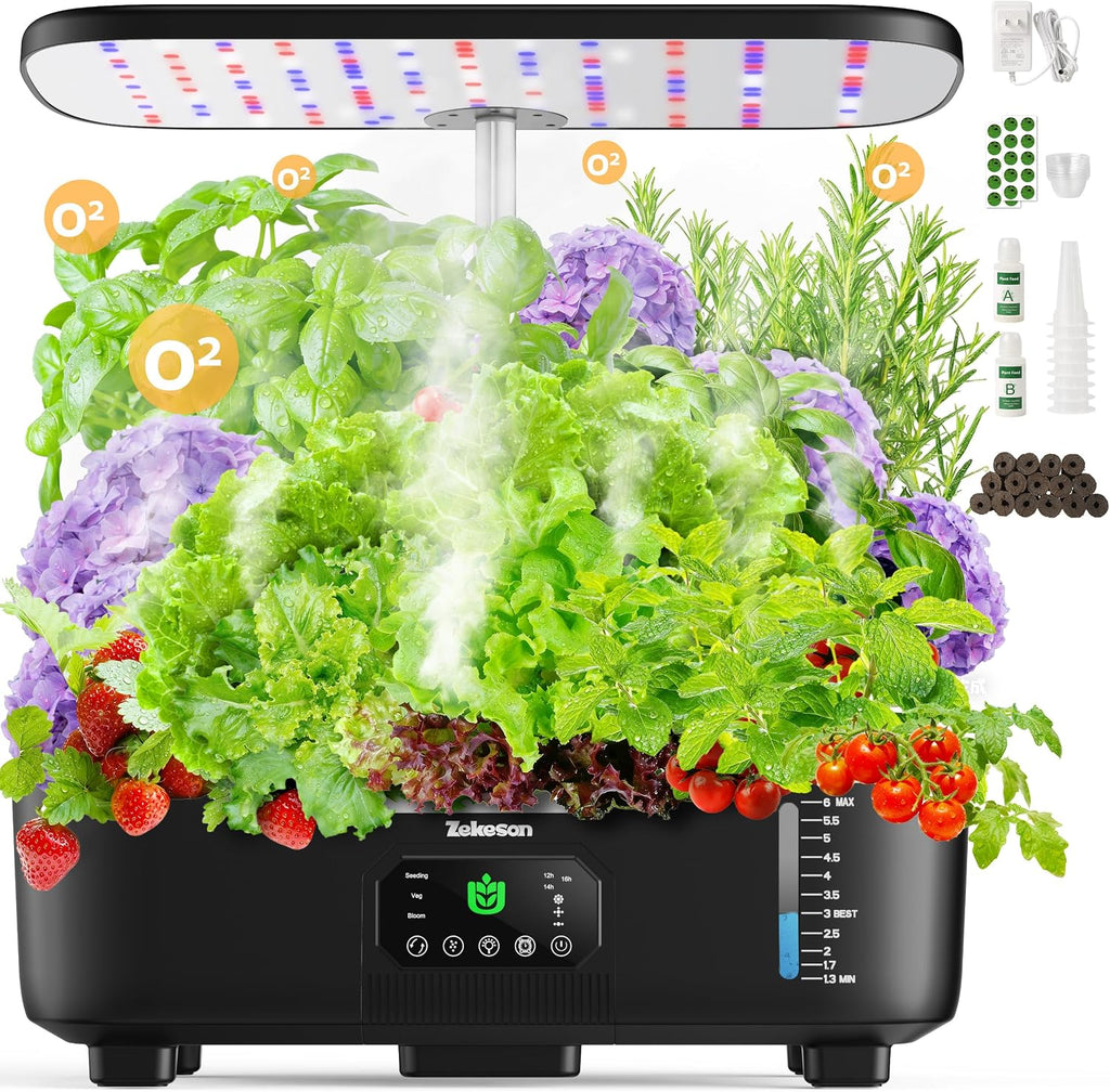 Misting Hydroponic Growing System Kit 15-Pods Indoor Smart Herb Garden Planter with LCD Touch Panel 6L Large Tank for Herb/Vegetables/Flowers/Fruits, Gardening Gifts for Women Men Beginners - White