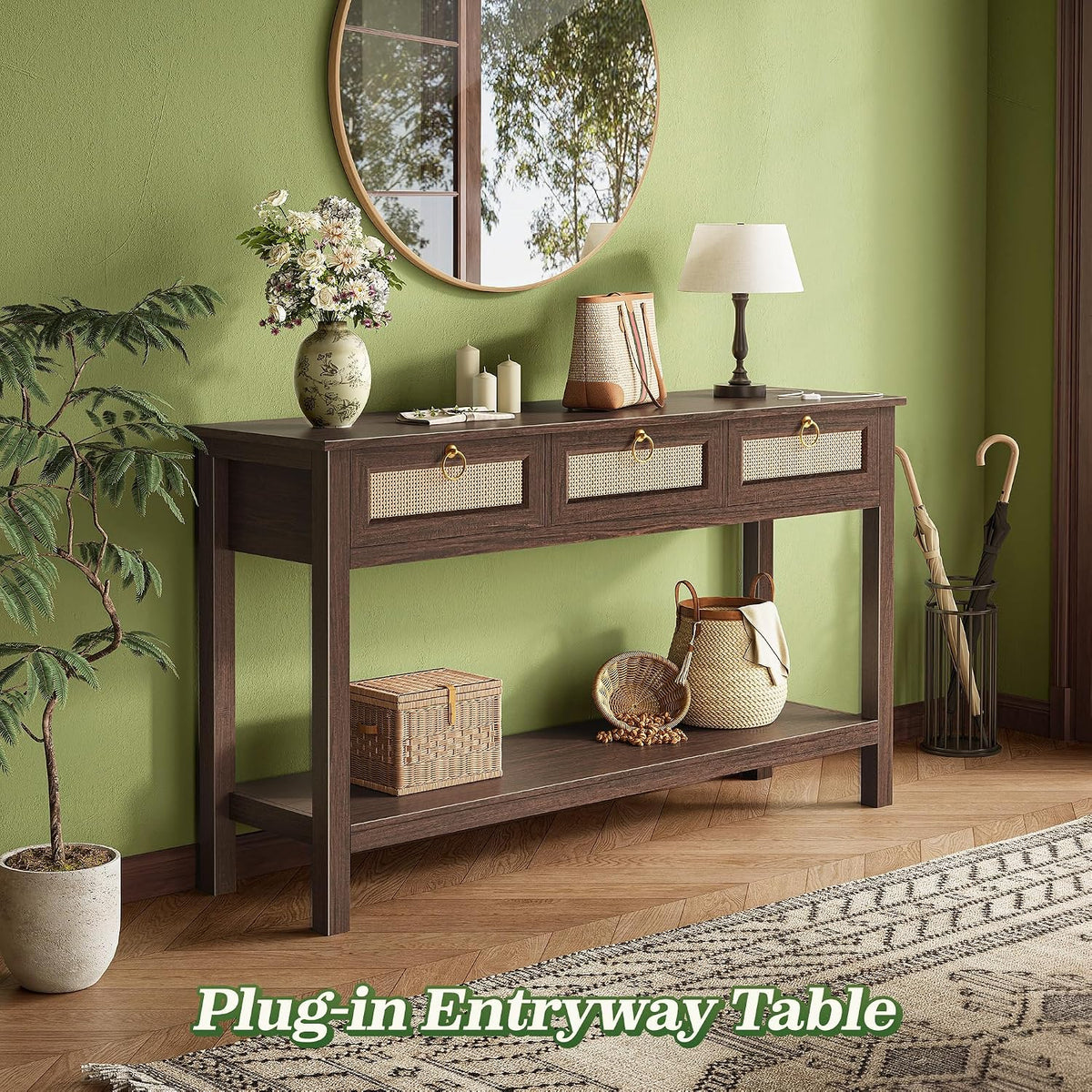SUPERJARE Rattan Console Sofa Table with Outlets, USB-C Port and 3 Drawers