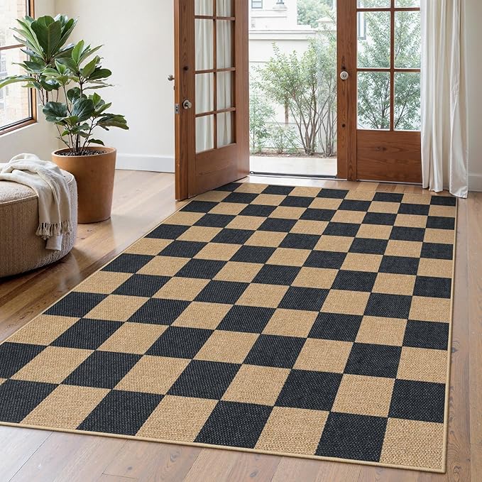 Lahome Checkered Easy Jute Area Rug, 5x7 Outdoor Patio Rug Washable Carpet by Lahome