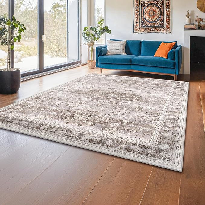 Hazo Haus Washable Neutral Farmhouse Living Room Rug, 5x8 Area Rugs by HazoHaus