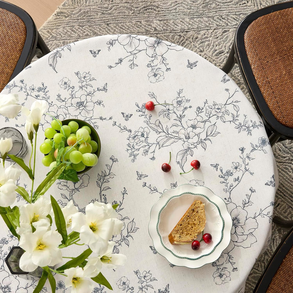 Floral Square Tablecloth 55x55 Inch Linen Table Cloth with Black Flowers