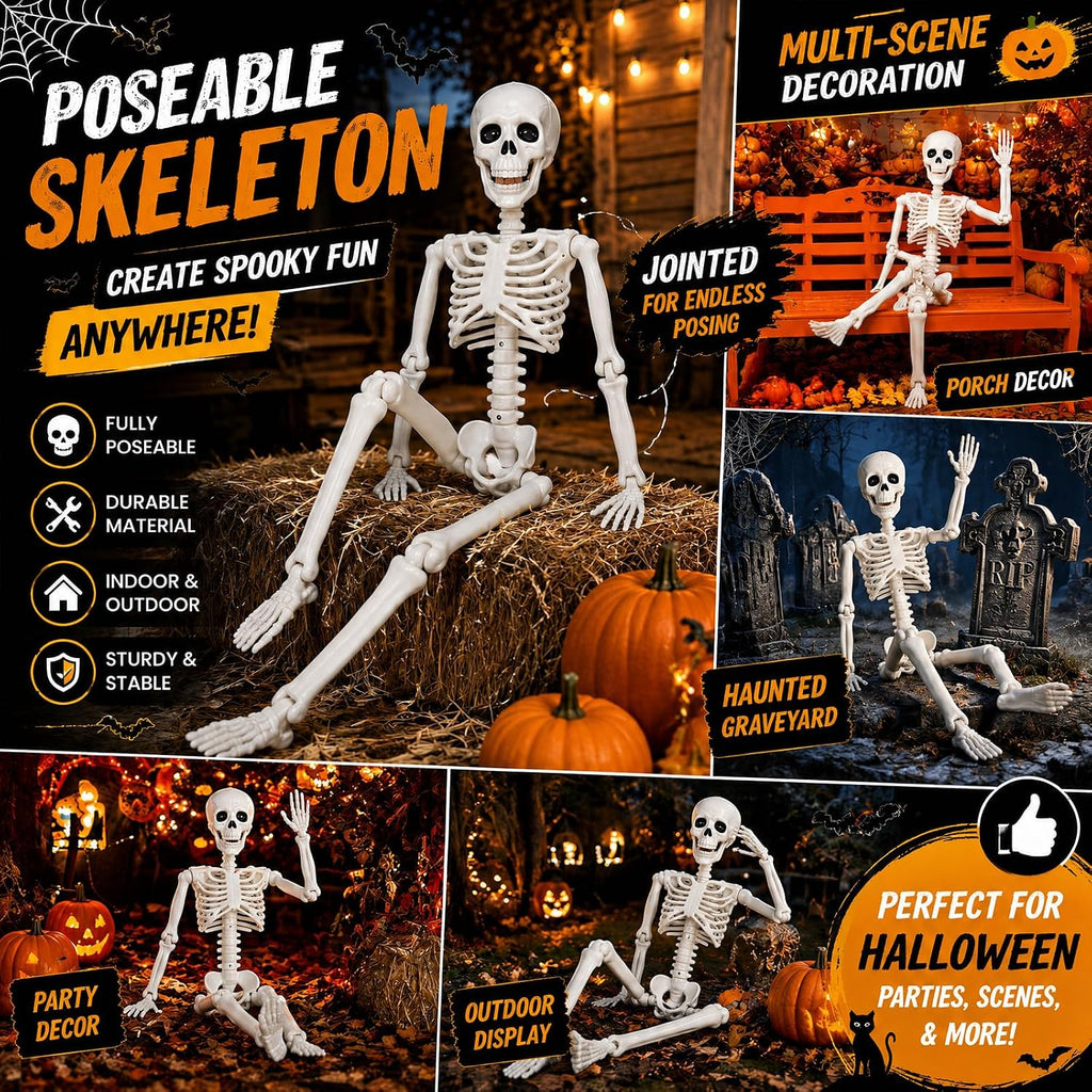 2 Pack 36" Halloween Skeleton, 3 ft Human Skeleton Full Body Posable Joints Plastic Skeleton for Halloween Decoration, Yard Patio Lawn Garden Skeleton Spooky Party Decoration Indoor Outdoor