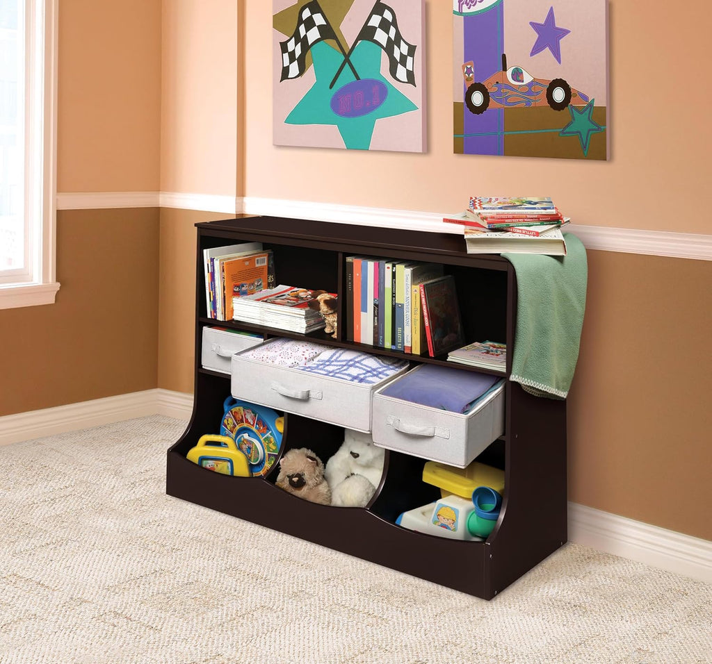 Badger Basket Combo Toy Storage Organizer and Bookshelf - Kids Storage Unit with 3 Removable Baskets, Open Shelves, Top Display Surface - Espresso