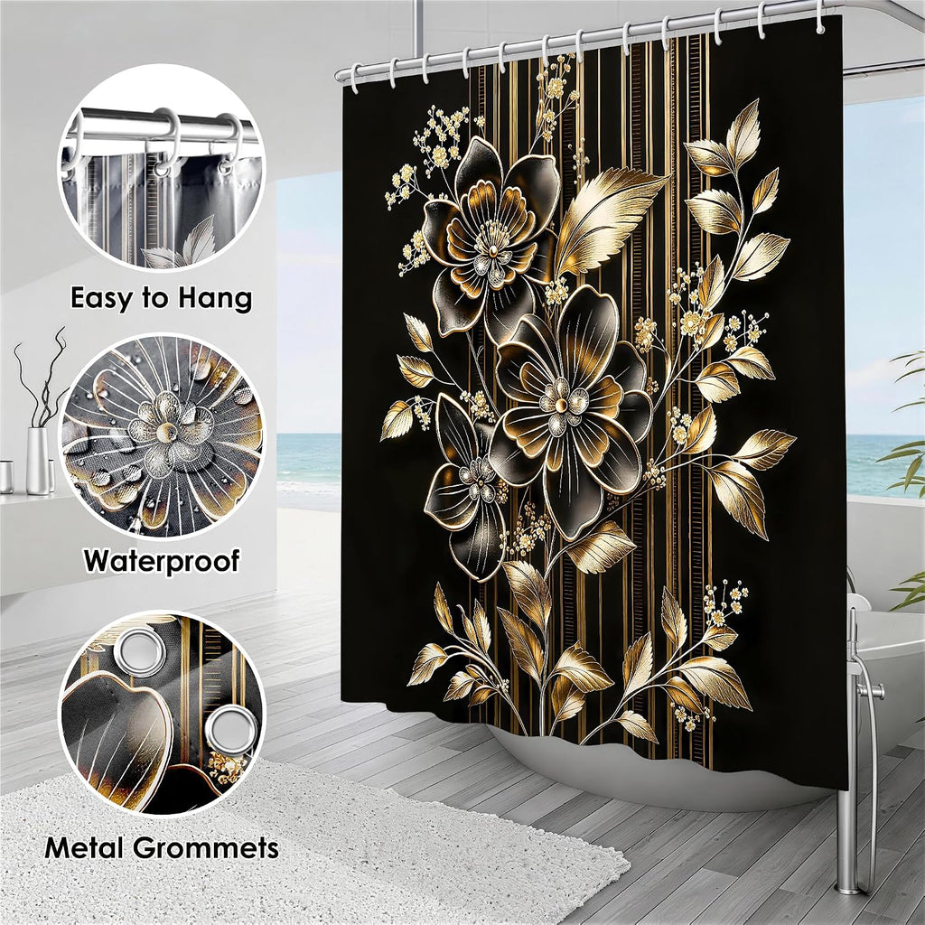 4pcs Shower Curtain Set Black Gold Flower Bathroom Decor with Rug