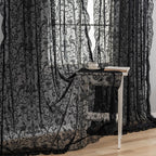 TUDECO Black Sheer Curtains 84 Inches Long - Shabby Chic Knitted Floral Halloween Decor, Lace Curtains Privacy Goth/Witchy Dark Window Treatments for Living Room Rod Pocket 1 Pair, 59 x 84 Inch