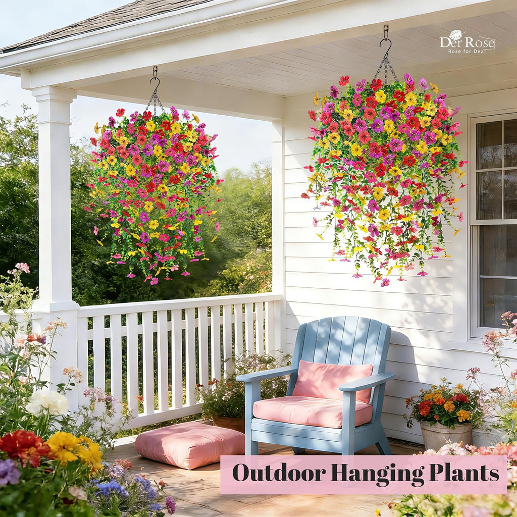 Der Rose 2Pcs Artificial Hanging Flower Basket for Outdoors Fake Hanging Flowers Plants with 4 Faux Silk Trailing Vines for Porch Patio Balcony Spring
