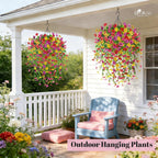 Der Rose 2Pcs Artificial Hanging Flower Basket for Outdoors Fake Hanging Flowers Plants with 4 Faux Silk Trailing Vines for Porch Patio Balcony Spring