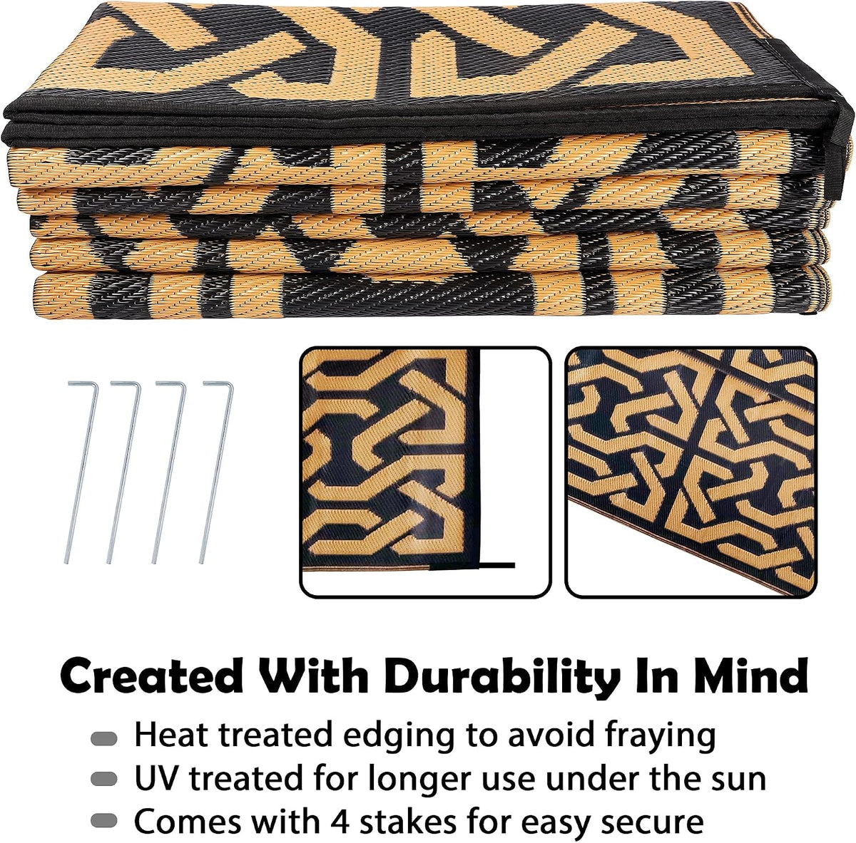 SAND MINE Reversible Mats, Plastic Straw Rug, Modern Area Rug, Large Floor Mat and Rug for Outdoors, RV, Patio, Backyard, Deck, Picnic, Beach, Camping, Trailer, Black & Brown, 9' x 12'
