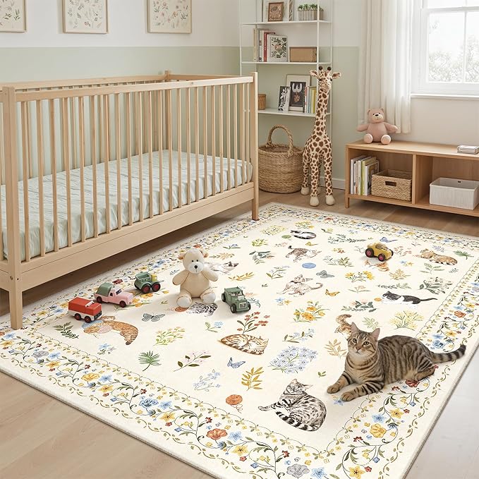 Cat 5x7 Area Rugs for Living Room, Machine Washable Animal Floral Vintage Rug - Image 2