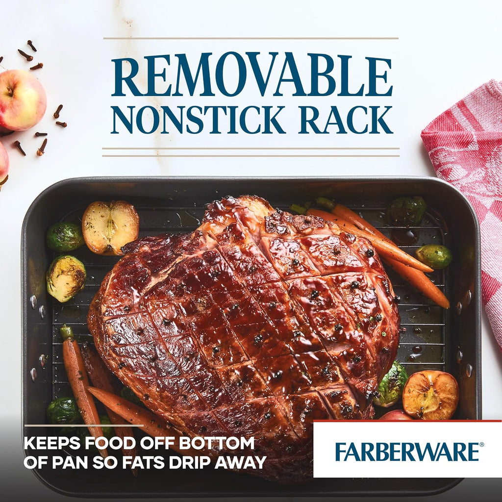 Farberware Bakeware Nonstick Roaster, Roasting Pan with Rack, Gray