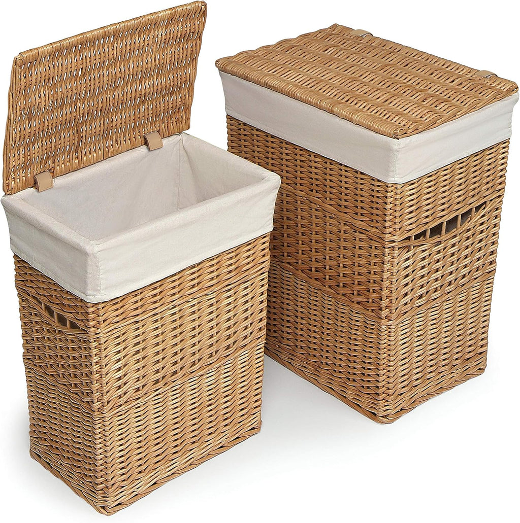 Badger Basket Wicker Nursery Laundry Hampers with Removable Liners and Hinged Lids – Set of 2 Large Clothes Storage Baskets for Baby, Kids, or Home Organization – White/White Finish