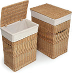 Badger Basket Wicker Nursery Laundry Hampers with Removable Liners and Hinged Lids – Set of 2 Large Clothes Storage Baskets for Baby, Kids, or Home Organization – White/White Finish
