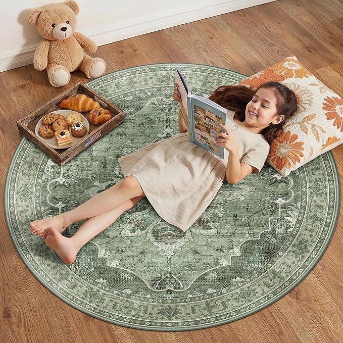 RELEANY Area Rugs 4ft Washable Non-Slip, Floral Vintage Distress Print Pattern by RELEANY