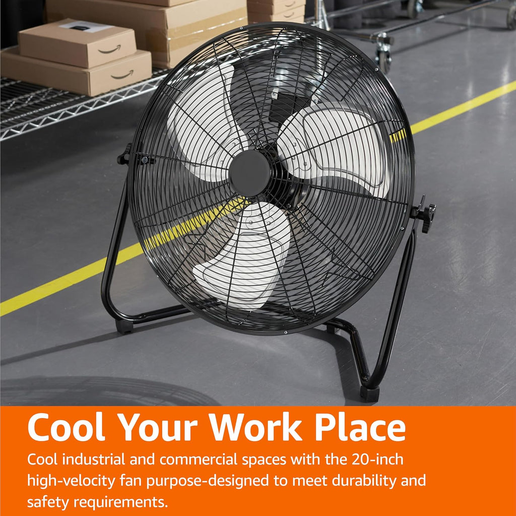 Amazon Basics 20" High Velocity Industrial Cooling Floor Fan with 3 Speeds, Tilt Head, ETL-Listed Safety Compliance, Metal Housing and Blades, for Commercial Space/Garage/Gym, 125W, Black