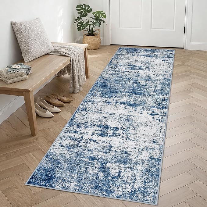 2.6'x8' Runner Rug Washable Rug;Modern Abstract Soft Thin Runner Rug Blue - Image 2