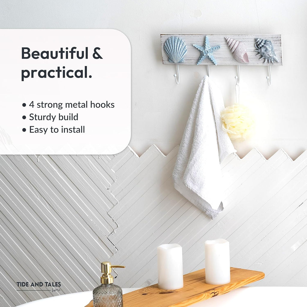 Tide and Tales Seashell Towel Rack, Beach Decor for Bathroom, Coastal Theme