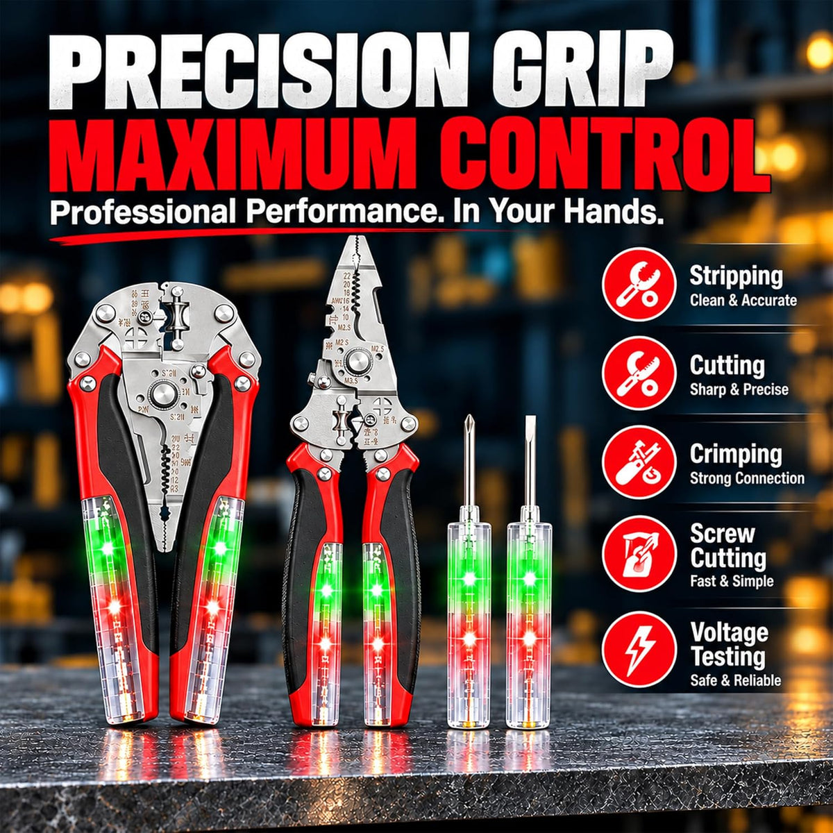 16-in-1 Foldable Wire Stripper, Electrical Multitool with 12-250V Voltage Tester, Crimper, Screw Cutter & Non-Slip Grip, Stainless Steel Voltage Test Pliers for Home Wiring, DIY & Repairs