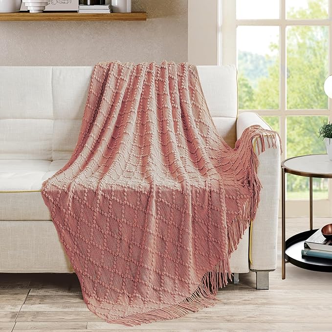 BOURINA Coral Pink Throw Blanket 50 x70 Inches Jacquard Argyle Throw Textured - Image 3