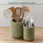 JIEMEI HOME Kitchen Utensil Holder, Large 7.5"+6.2" Petal Ceramic Utensil Crock for Countertop, Utensil Holder with Cork Mat, Morden Utensil Organizer for Spatula, Kitchen Decor, Set of 2- Green