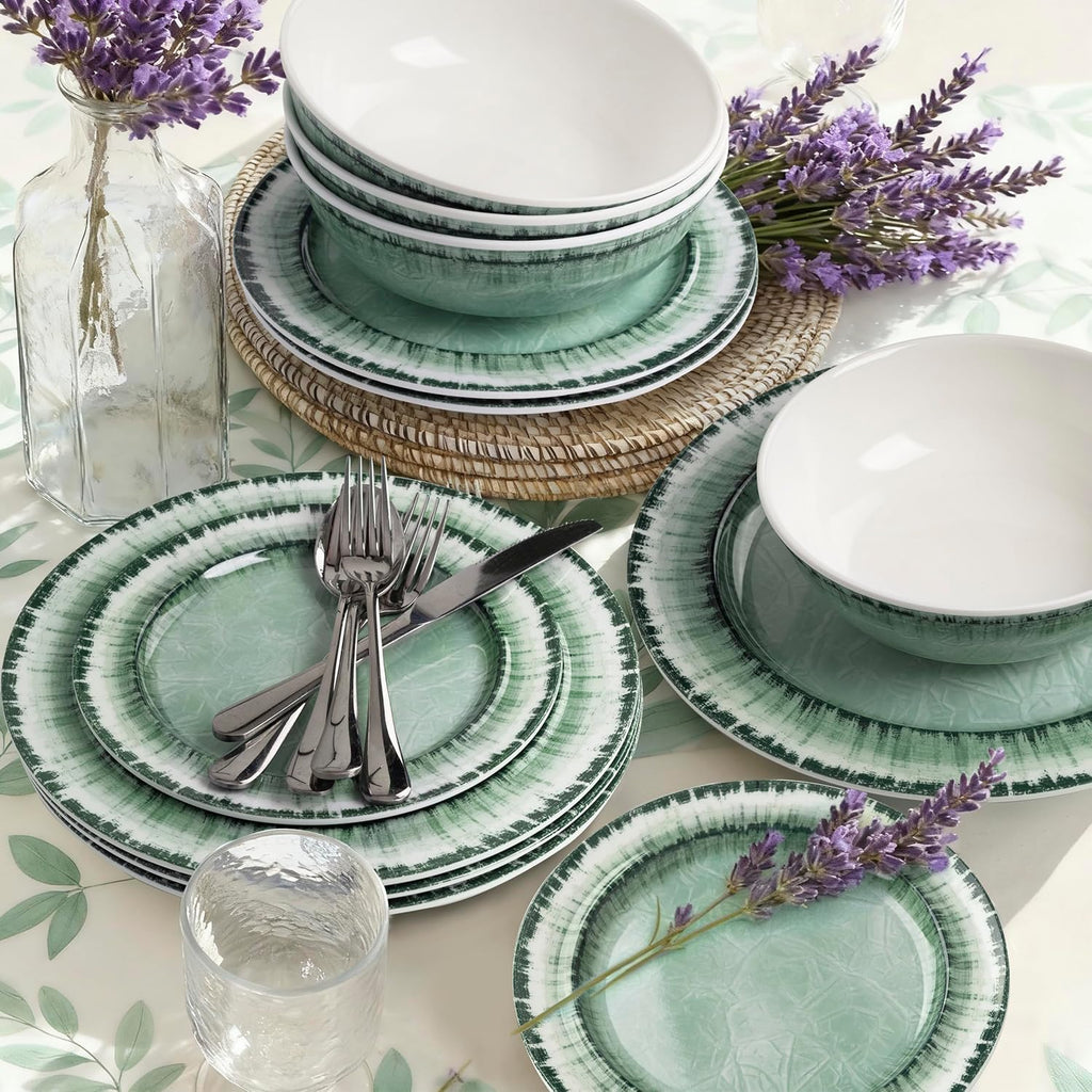 Melamine Dinnerware Set of 18 Pcs Dinner Dishes Set, Lightweight Unbreakable for Indoor and Outdoor Use, BPA Free, Dishwasher Safe, Sage Green