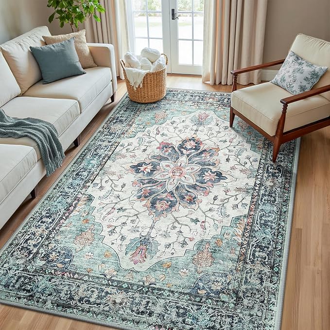 RELEANY Area Rugs 5'x8' Washable Non-Slip, Floral Vintage Distress Print by RELEANY