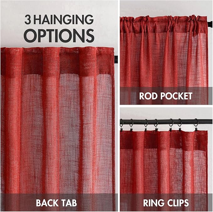MIULEE Red Linen Short Curtains 63 Inch Length 2 Panels - Image 3