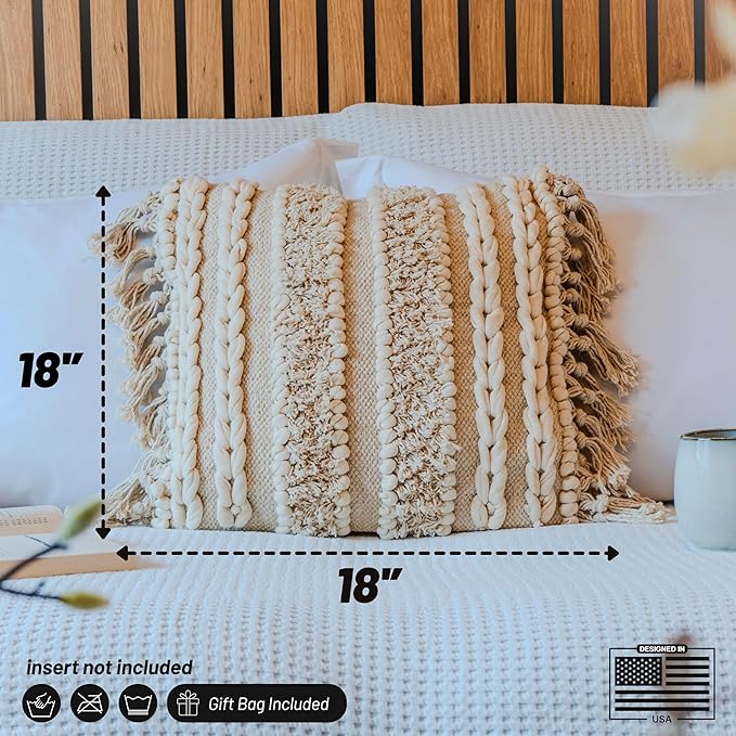 Decorative Boho-Chic Square Pillow Cover 18x18 Handwoven Tufted Braided Cotton - Image 3