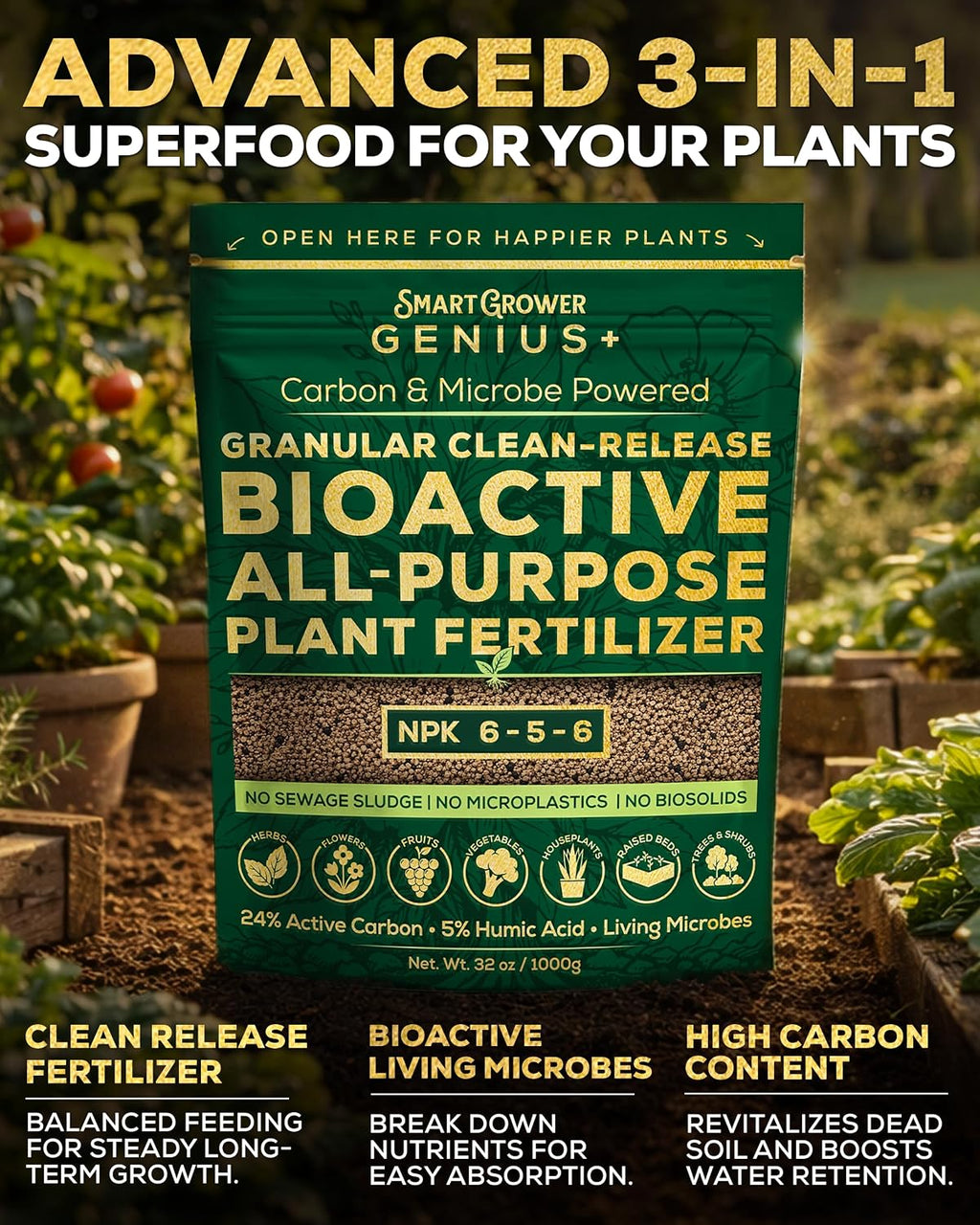 Bioactive Plant Fertilizer Granular Clean-Release, High Carbon Genius+ 1Kg