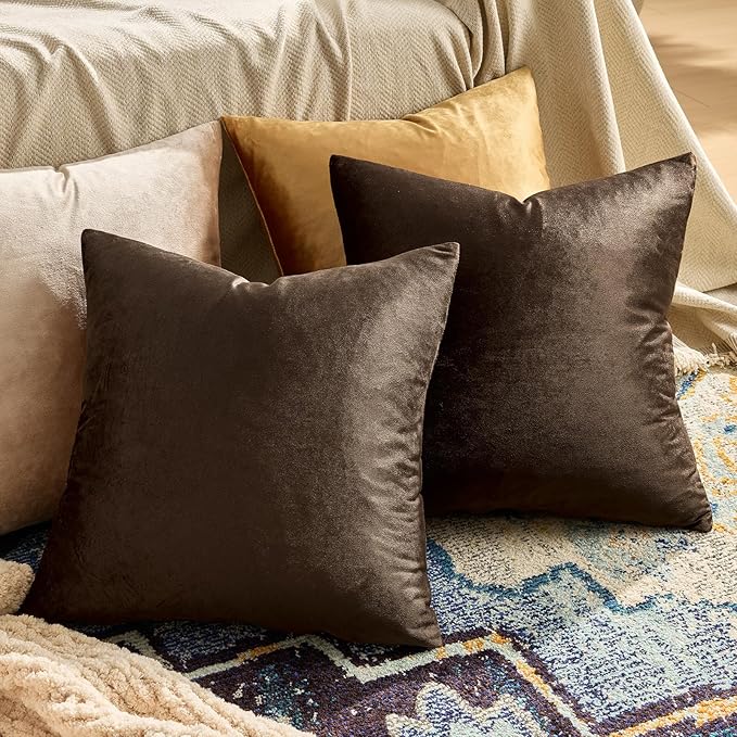 GIGIZAZA Brown Velvet Pillow Covers 16x16, Square Solid Throw Pillow Covers - Image 2