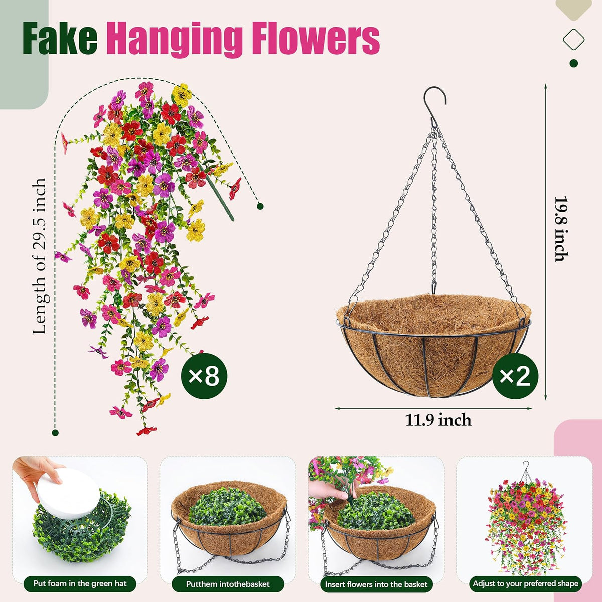 Der Rose 2Pcs Artificial Hanging Flower Basket for Outdoors Fake Hanging Flowers Plants with 4 Faux Silk Trailing Vines for Porch Patio Balcony Spring