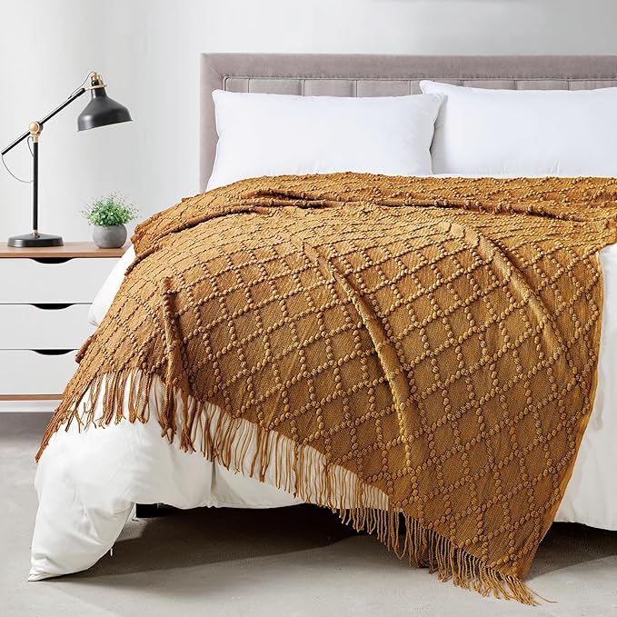 BOURINA Almond Throw Blanket 50 x70 Inches Jacquard Argyle Throw Textured Solid by BOURINA