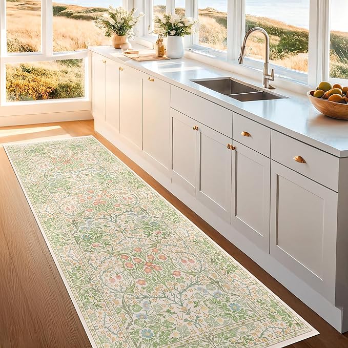Vintage Beige Green 2'6" x 8' Runner Rug - Image 3