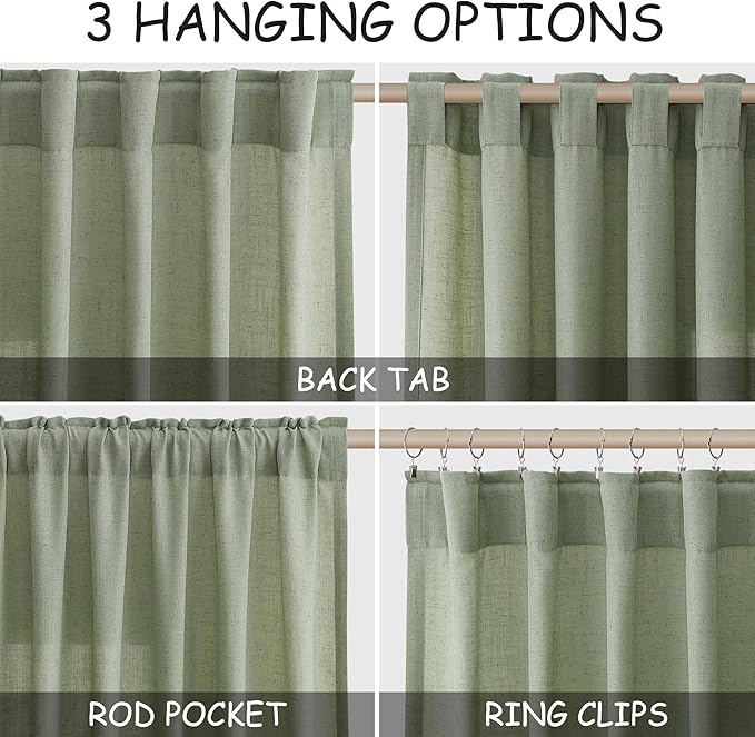 Sheer Light Sage Linen Curtains 102 Inches Long Rod Pocket Back Tab Drapes 2 - Image 2