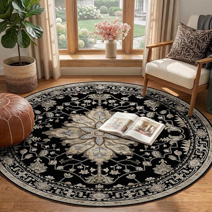 Area Rugs 4ft Washable Non-Slip, Floral Vintage Distress Print Pattern - Image 2