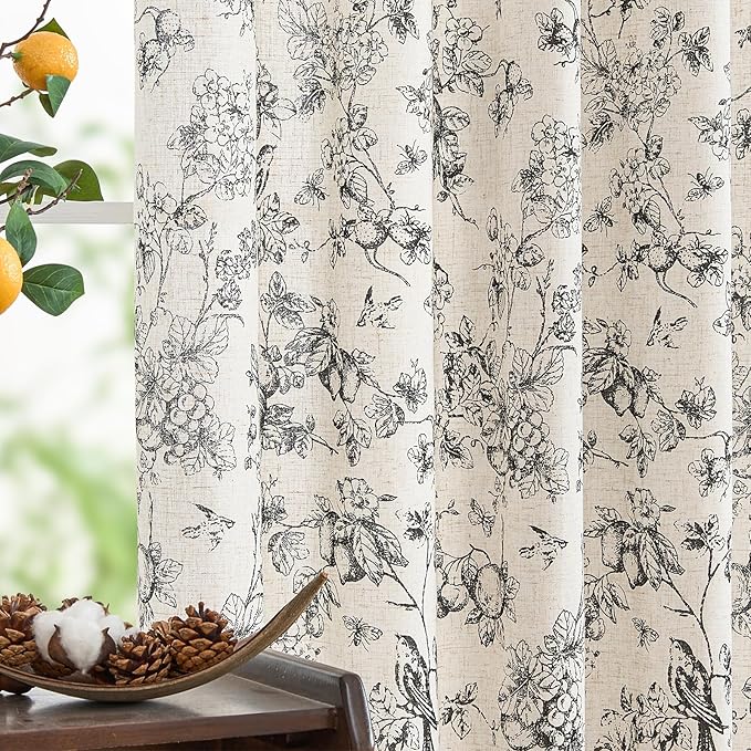 jinchan Linen Floral Curtains for Living Room 84 Inch Length Black Printed by JINCHAN