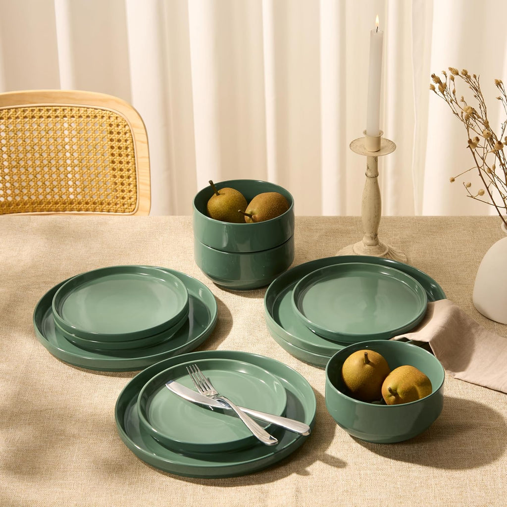 Vase and Vessel Ceramic Dinnerware Set, 12-Piece Service for 4, Round, Microwave and Dishwasher Safe, Cambridge Classics (Dusty Jade)