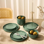 Vase and Vessel Ceramic Dinnerware Set, 12-Piece Service for 4, Round, Microwave and Dishwasher Safe, Cambridge Classics (Dusty Jade)